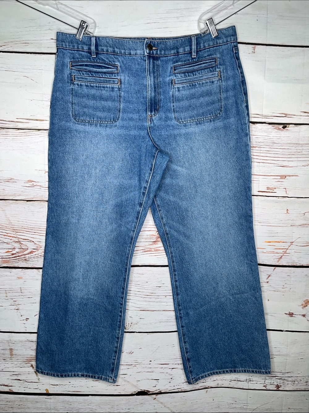 LOFT Ann Taylor Sz 16/33 Blue Denim Patch Pocket The Relaxed Straight Leg Jeans